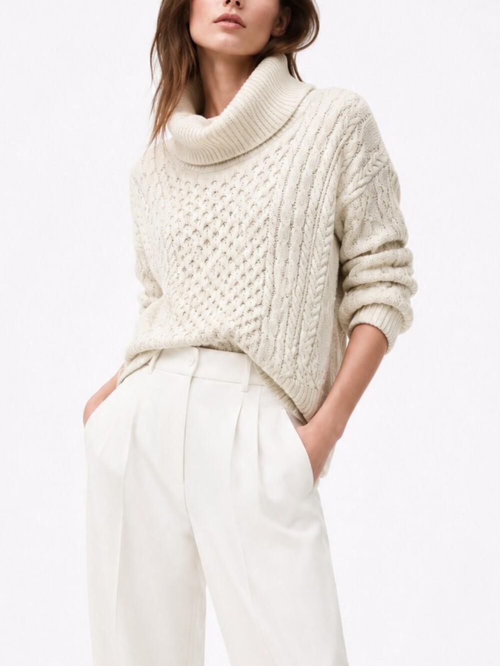 AMERICAN EAGLE Cream Cable-Knit Cowl Neck Sweater.